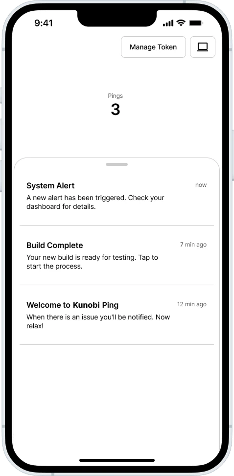 Kunobi Ping mobile app showing a list of incoming pings on the main screen