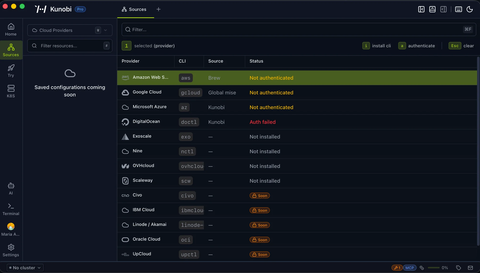 The Cloud Providers extension in Kunobi, listing AWS, Google Cloud, Azure, DigitalOcean and more under Sources with their CLI tools and connection status
