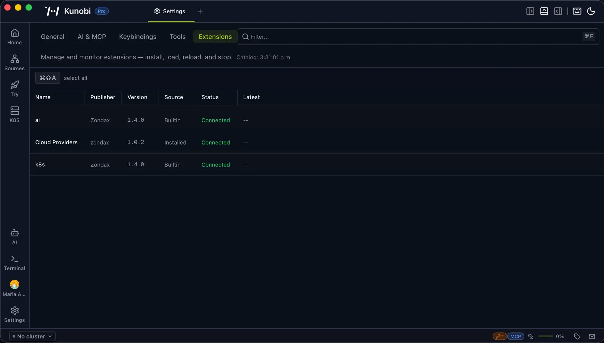 Kunobi Settings → Extensions panel showing the Cloud Providers extension from the marketplace alongside the built-in ai and k8s extensions