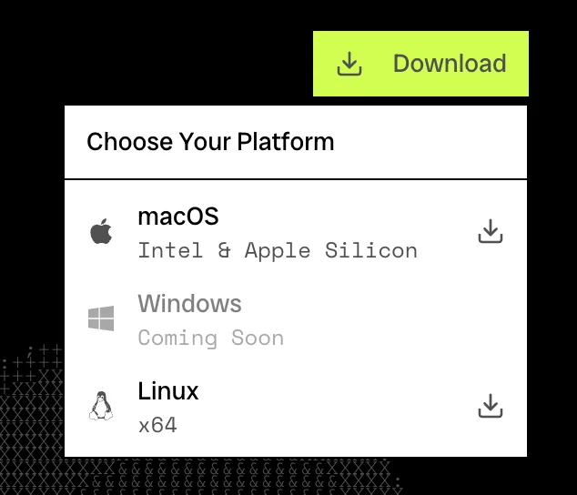 Download dropdown showing platform options