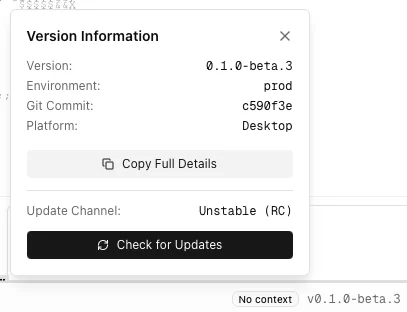 Version popup with Check for Updates button