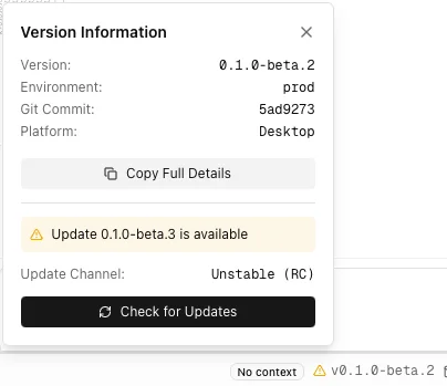 Version popup showing update available