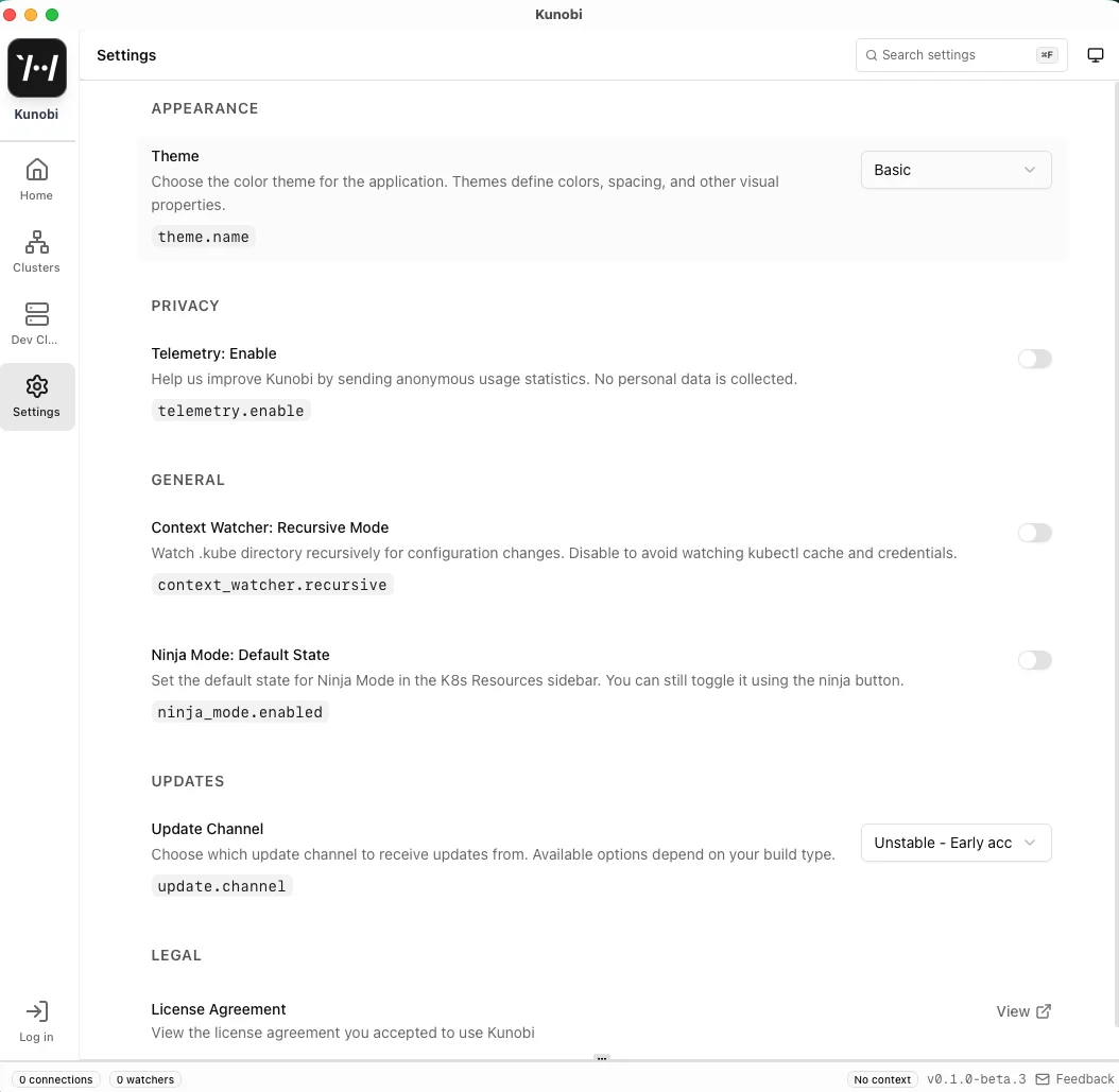 Settings page overview