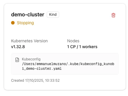 Cluster card showing Stopping status