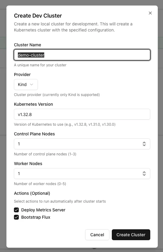 Create dialog with demo-cluster filled in