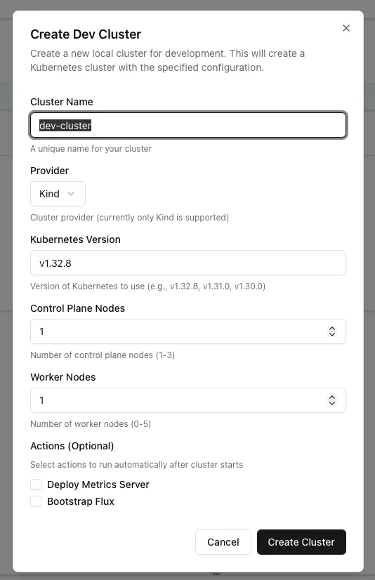 Create Dev Cluster dialog