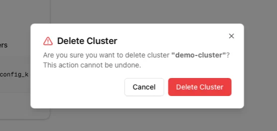 Delete cluster confirmation dialog