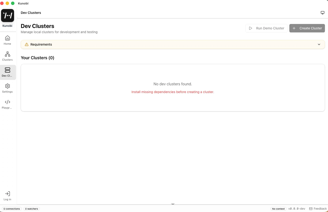 Dev Clusters page with missing dependencies
